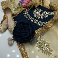 4-Piece Unstitched Kataan Mirror Work Suit – With Net Dupatta & Golden Khussa