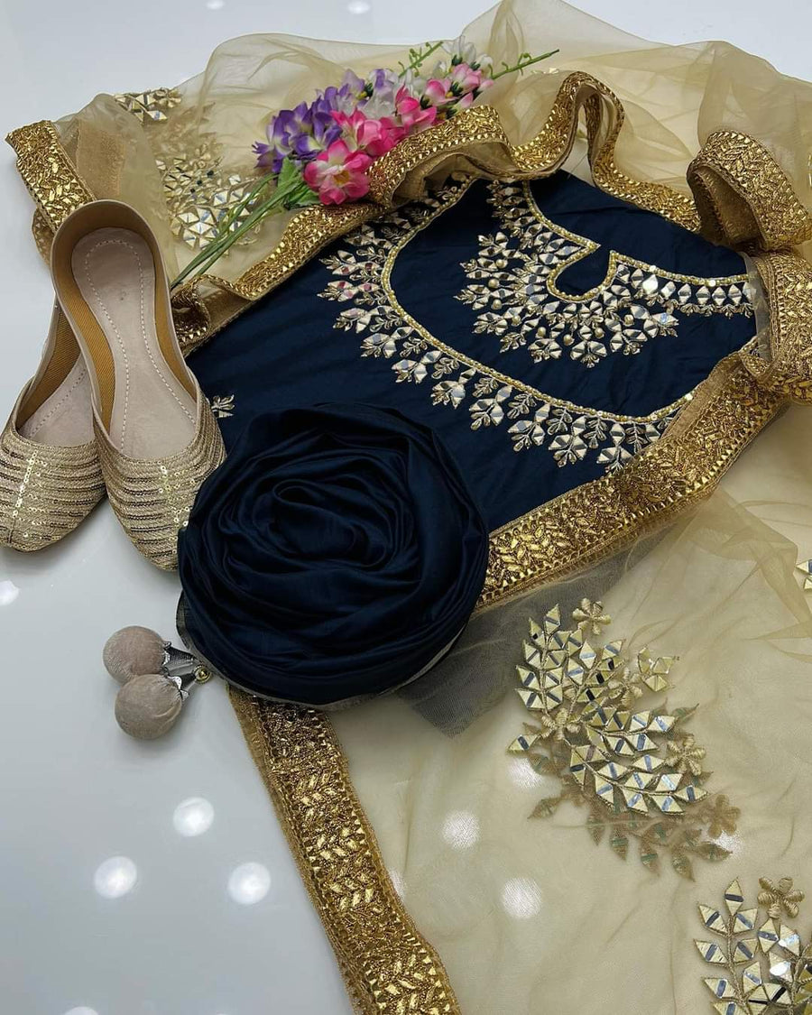 4-Piece Unstitched Kataan Mirror Work Suit – With Net Dupatta & Golden Khussa