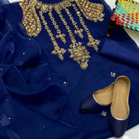 4-Piece Unstitched Organza Aari Work Dress – With Kunden Dupatta & Khussa