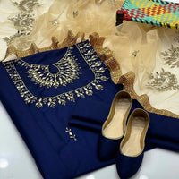 4-Piece Unstitched Kataan Mirror Work Suit – With Net Dupatta & Fancy Khussa