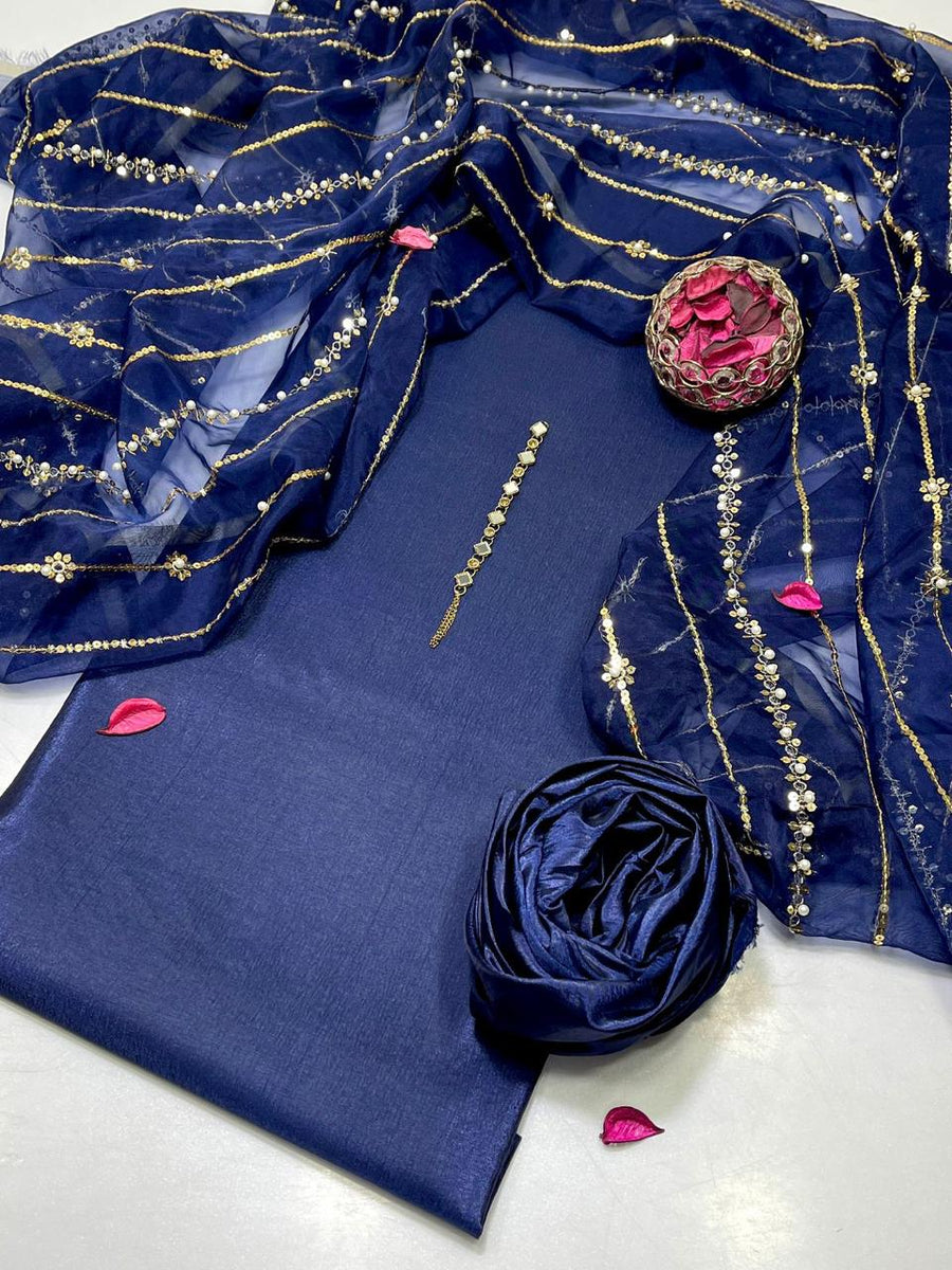 3-Piece Unstitched Suit – Kataan Silk Shirt & Shalwar with Sequin Embroidered Tissue Organza Dupatta