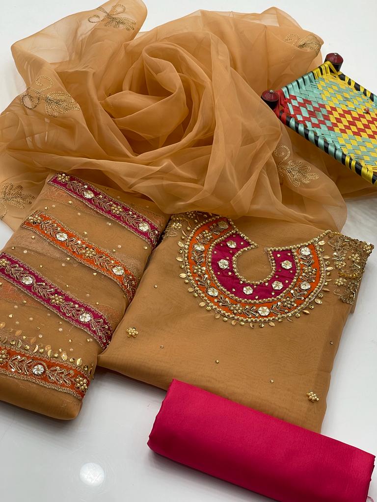 3-Piece Wedding Dress for Girls – Handmade Shirt, Kataan Trouser & Organza Dupatta