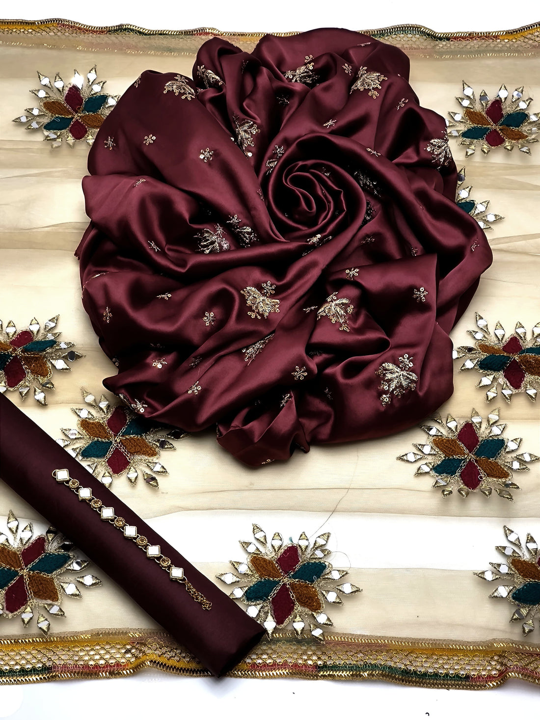 3-Piece Unstitched Fancy Dress – Shamooz Silk Embroidered Shirt with Indian Net Dupatta