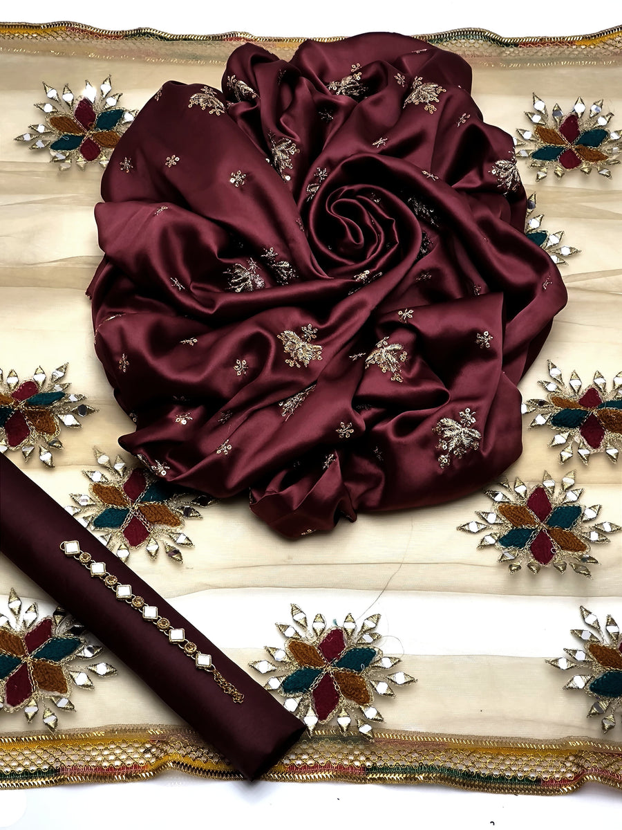 3-Piece Unstitched Fancy Dress – Shamooz Silk Embroidered Shirt with Indian Net Dupatta