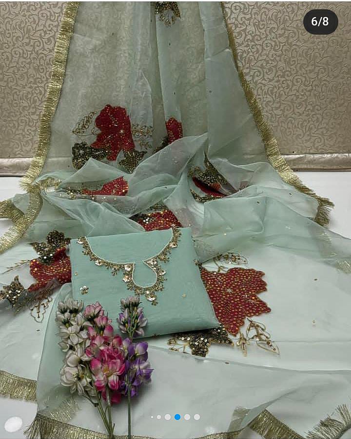3-Piece Unstitched Mirror Work Dress – Pure Organza Shirt, Brush Dupatta & Kataan Trouser
