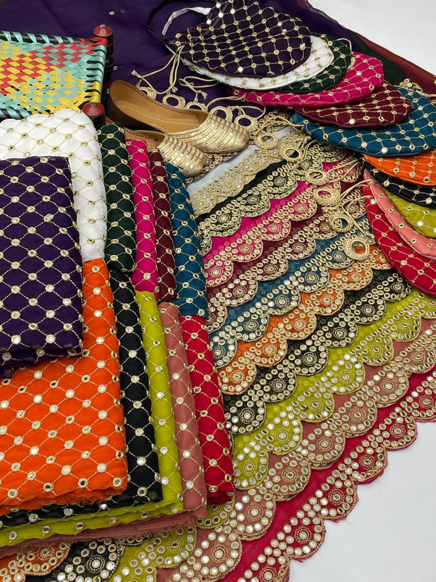 5-Piece Unstitched Fancy Chiffon Suit – Sheesha Zaari Work with Khussa & Potli Bag