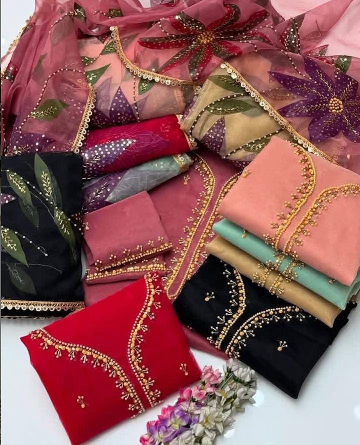 2-Piece Unstitched Organza Handwork Dress – Stones, Beads & Oil Paint Dupatta