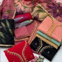 2-Piece Unstitched Organza Handwork Dress – Stones, Beads & Oil Paint Dupatta