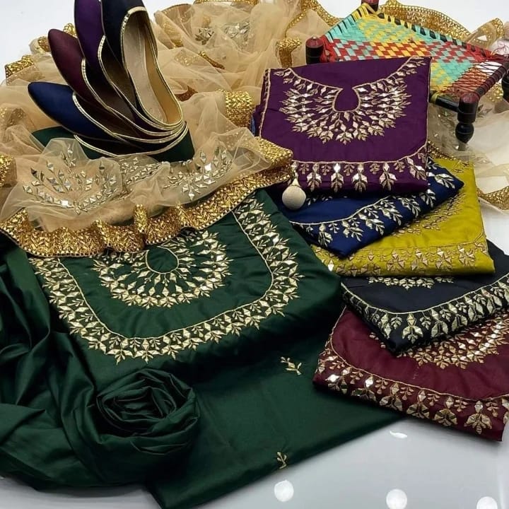 4-Piece Unstitched Kataan Mirror Work Suit – With Net Dupatta & Fancy Khussa