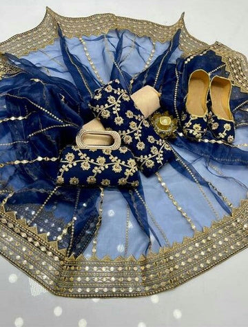 5-Piece Unstitched Party Suit – Chiffon Nag Jaal Shirt with Organza Dupatta, Khussa & Clutch