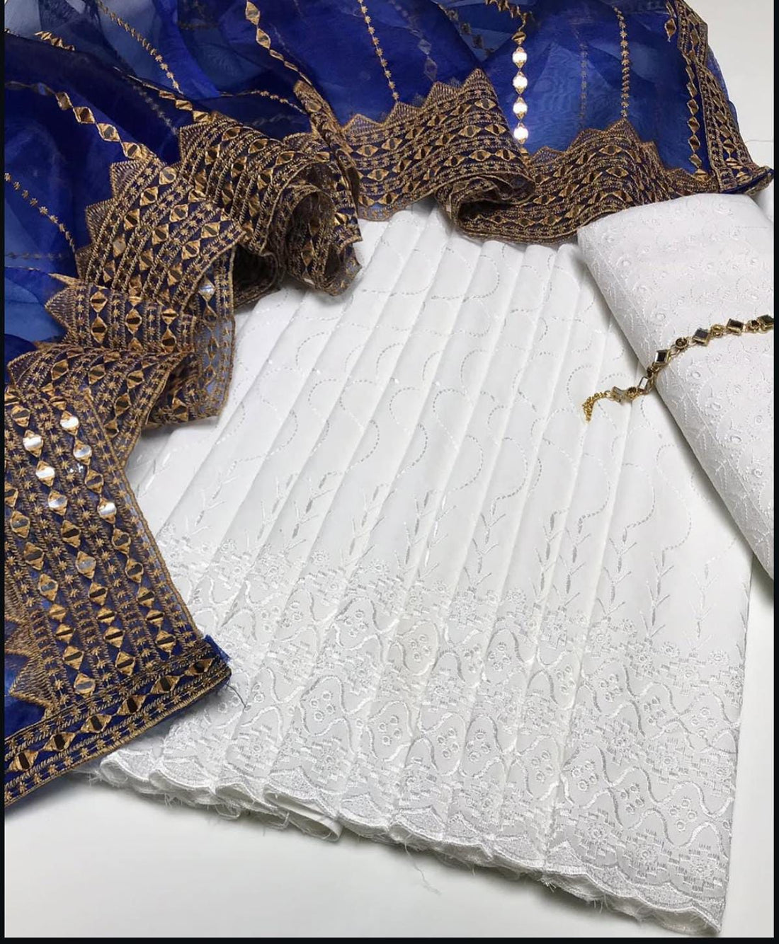 3-Piece Unstitched Summer Fancy Dress – White Chickenkari with Organza Foil Dupatta & Mirror Neckline