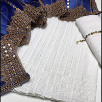3-Piece Unstitched Summer Fancy Dress – White Chickenkari with Organza Foil Dupatta & Mirror Neckline