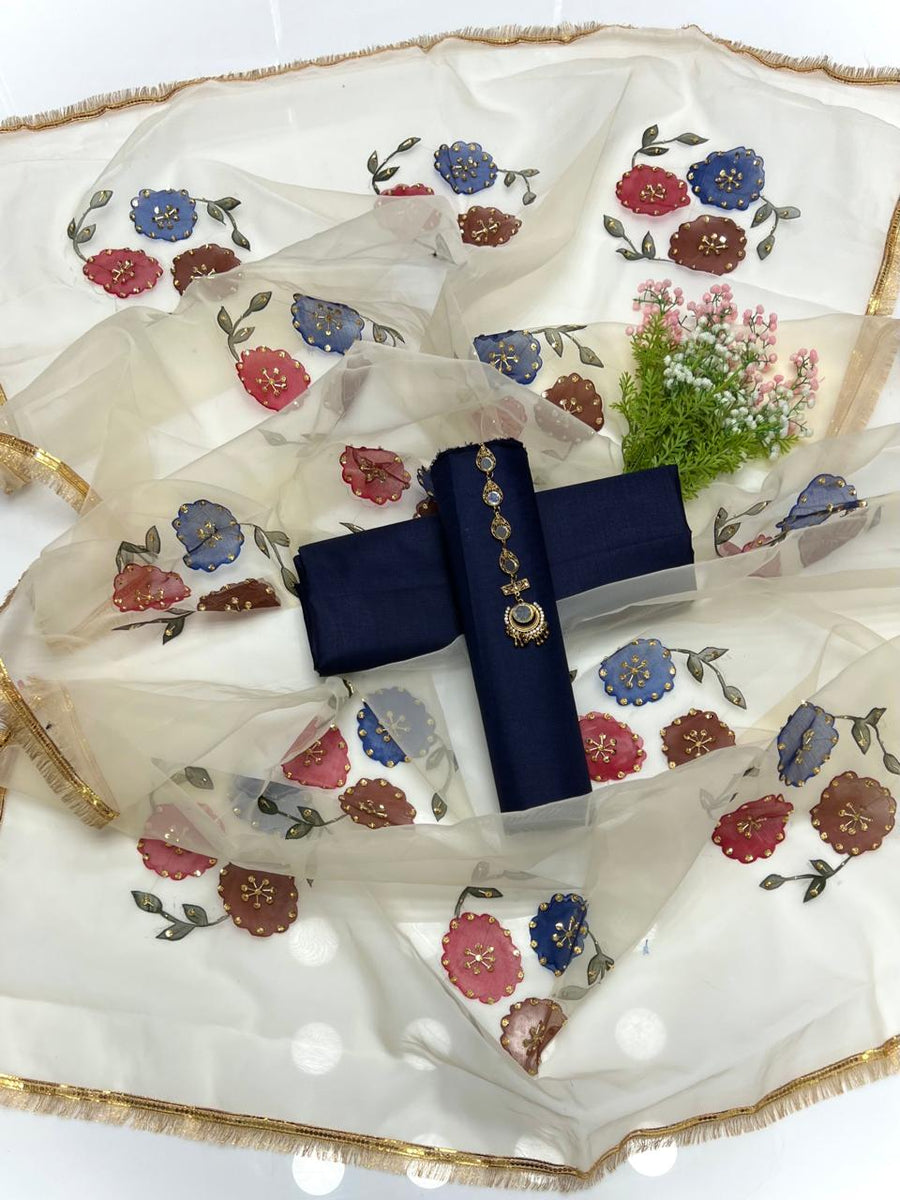 3-Piece Unstitched Kataan Silk Dress – Organza Brush Dupatta & Free Mirror Neckline
