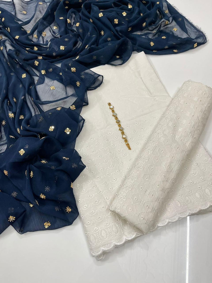 3-Piece Unstitched Summer Lawn Dress – Chikan Kari Shirt & Trouser with Sequin Chiffon Dupatta