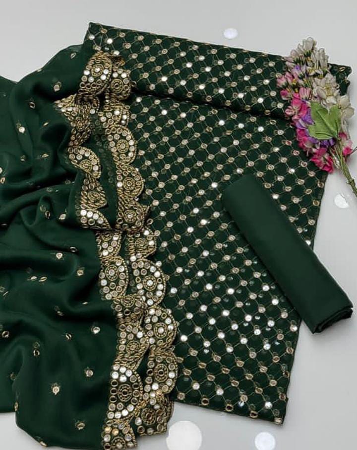 3-Piece Unstitched Fancy Chiffon Dress – Sheesha Zaari Embroidery with Border Dupatta