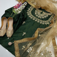4-Piece Unstitched Kataan Mirror Work Suit – With Net Dupatta & Golden Khussa