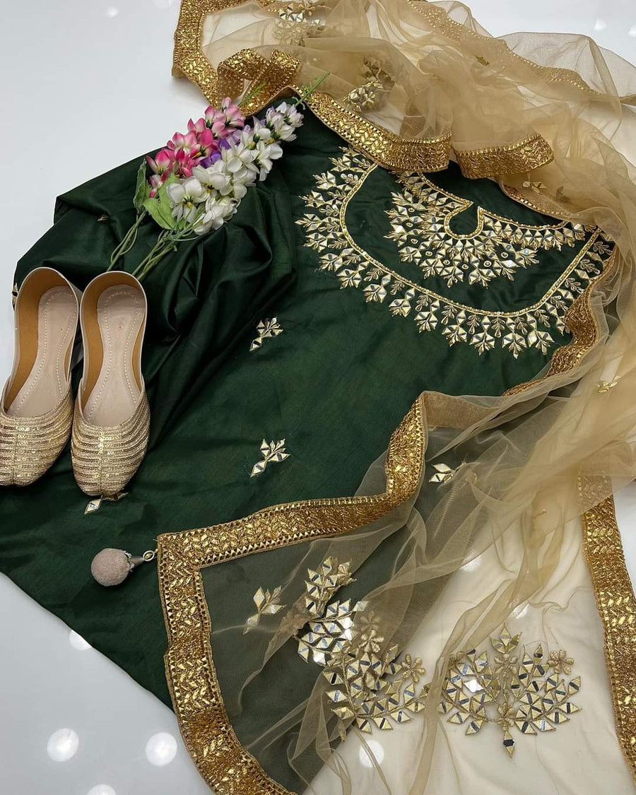 4-Piece Unstitched Kataan Mirror Work Suit – With Net Dupatta & Golden Khussa
