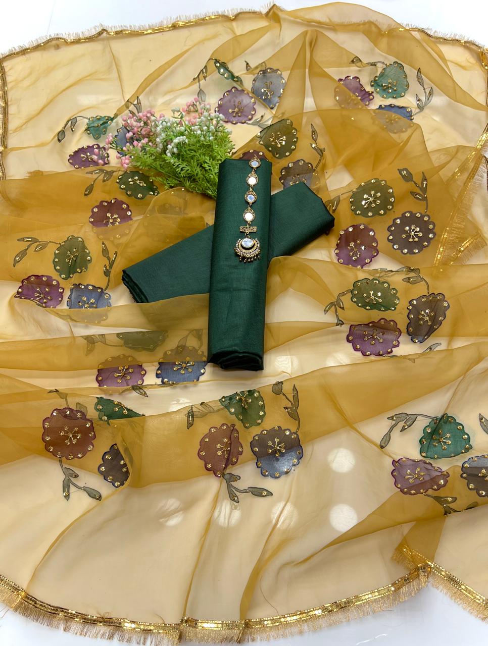 3-Piece Unstitched Kataan Silk Dress – Organza Brush Dupatta & Free Mirror Neckline