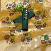 3-Piece Unstitched Kataan Silk Dress – Organza Brush Dupatta & Free Mirror Neckline