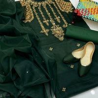4-Piece Unstitched Organza Aari Work Dress – With Kunden Dupatta & Khussa