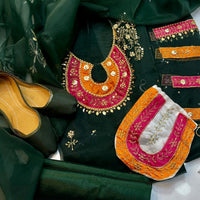 5-Piece Unstitched Organza Dress – Tilla Aari Embroidery with Khussa & Bag