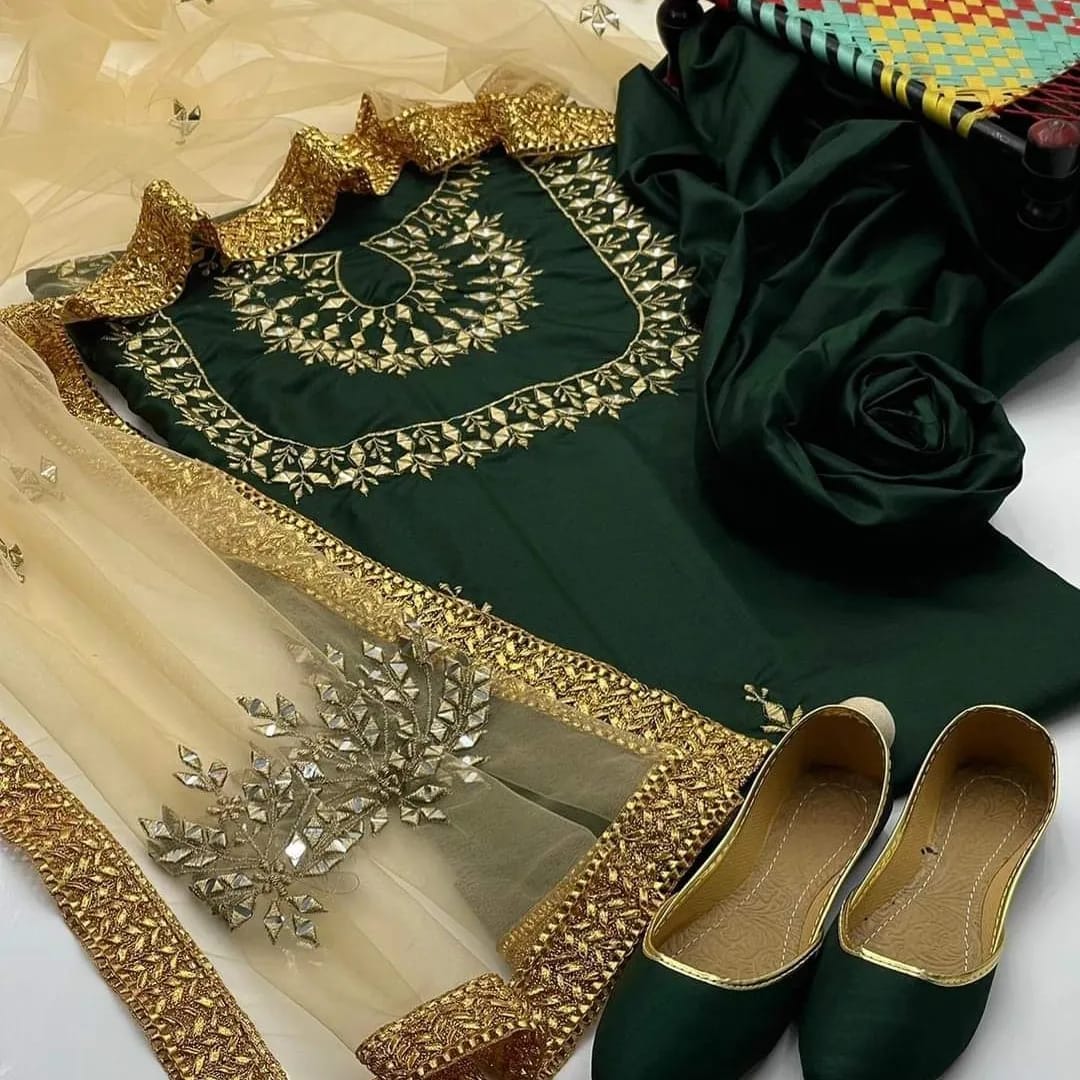 4-Piece Unstitched Kataan Mirror Work Suit – With Net Dupatta & Fancy Khussa