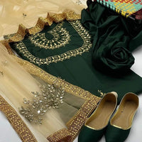 4-Piece Unstitched Kataan Mirror Work Suit – With Net Dupatta & Fancy Khussa