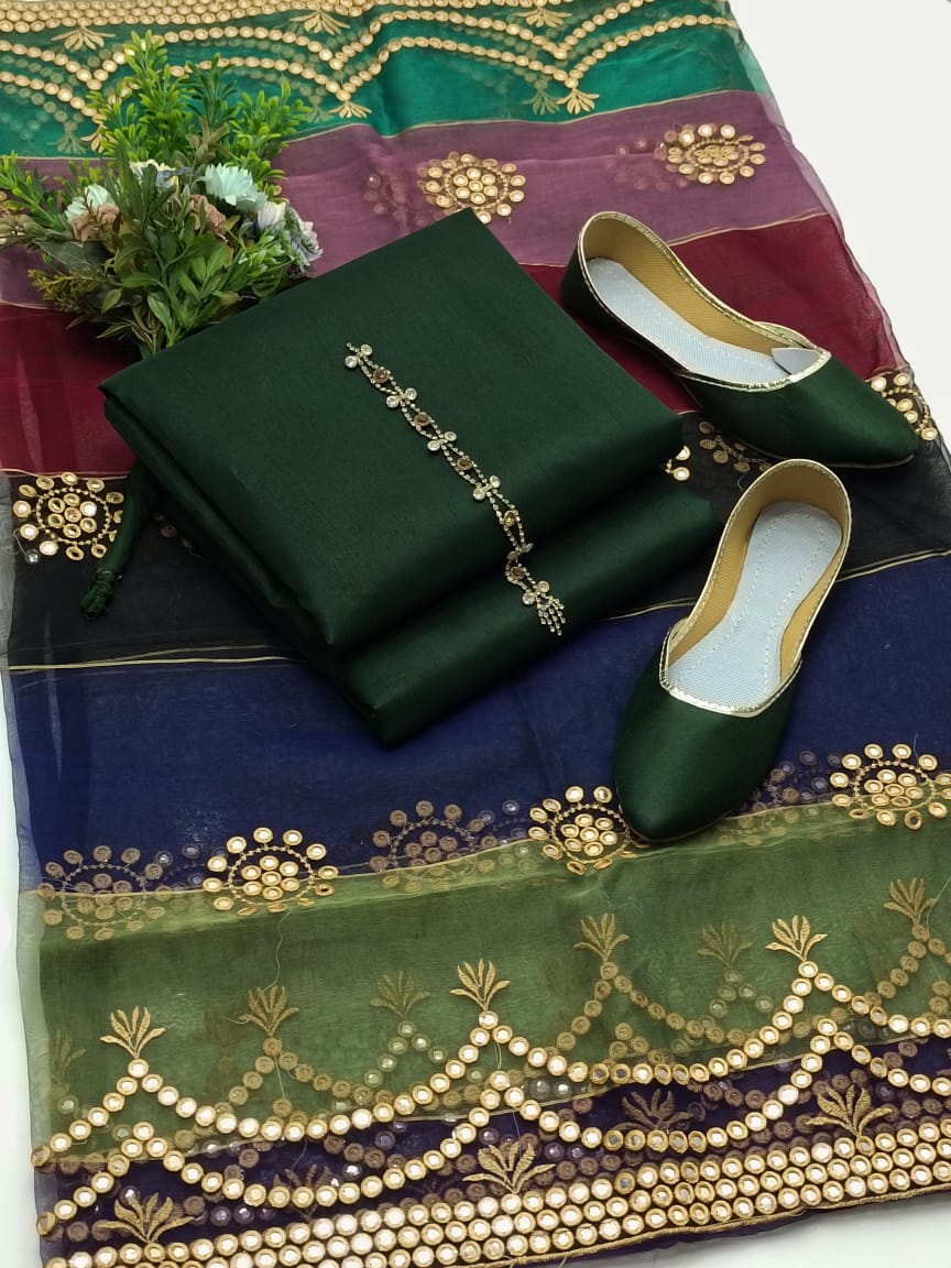 4-Piece Unstitched Multi Organza Dress – 9MM Foil Embroidered Dupatta with Kataan Silk Suit