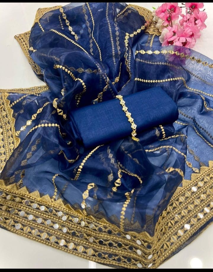 3-Piece Unstitched Kataan Silk Suit – Tissue Organza Embroidered Dupatta & Neckline