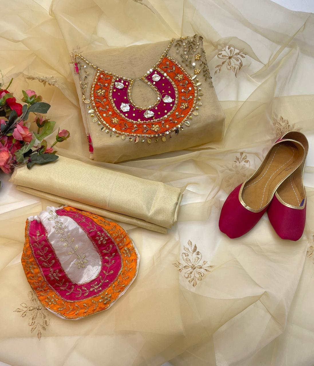 5-Piece Unstitched Organza Dress – Tilla Aari Embroidery with Khussa & Bag
