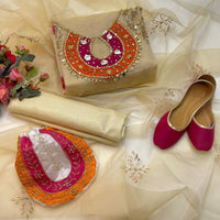 5-Piece Unstitched Organza Dress – Tilla Aari Embroidery with Khussa & Bag