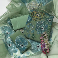3-Piece Unstitched Organza Dress – Oil Paint Handwork with Kataan Silk Trouser