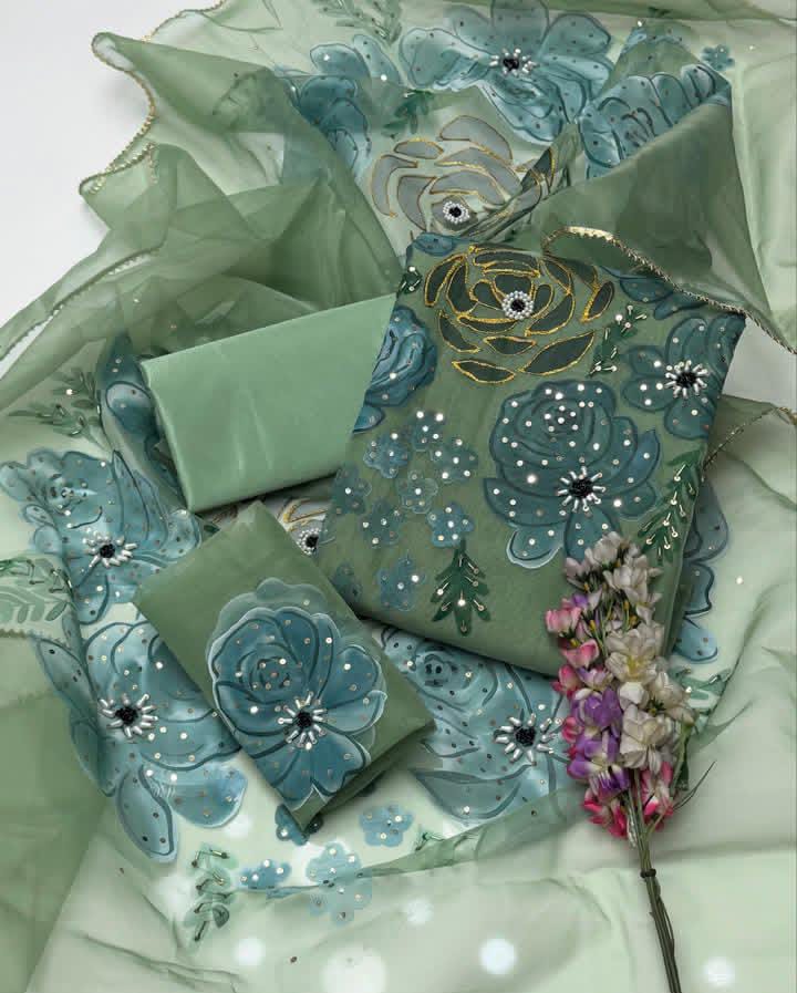 3-Piece Unstitched Organza Dress – Oil Paint Handwork with Kataan Silk Trouser
