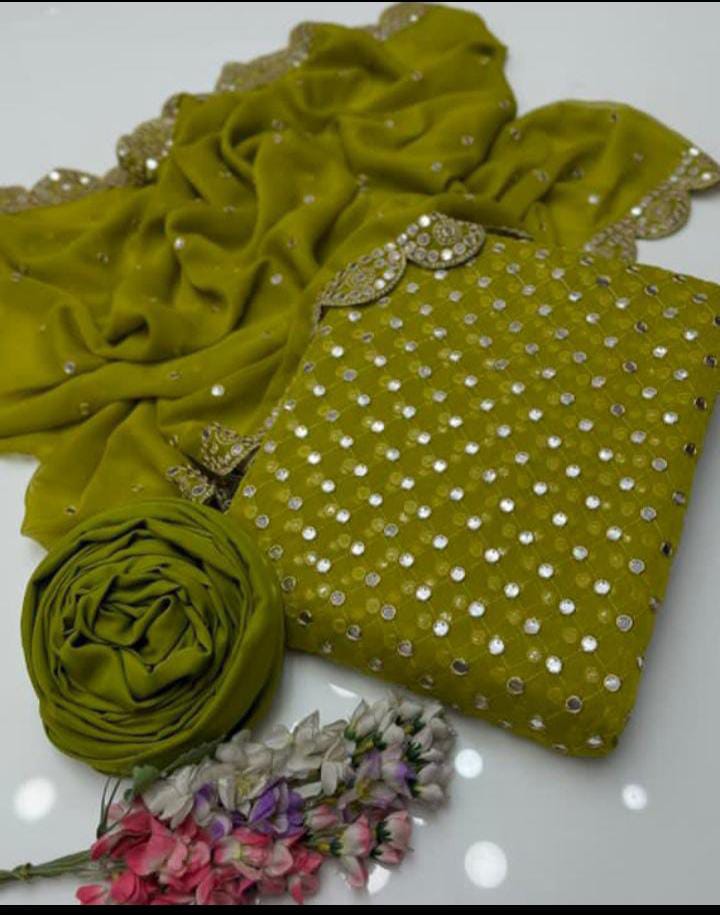 3-Piece Unstitched Fancy Chiffon Dress – Sheesha Zaari Embroidery with Border Dupatta