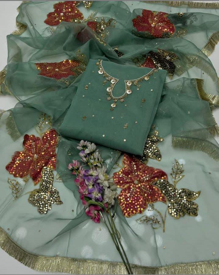 3-Piece Unstitched Mirror Work Dress – Pure Organza Shirt, Brush Dupatta & Kataan Trouser