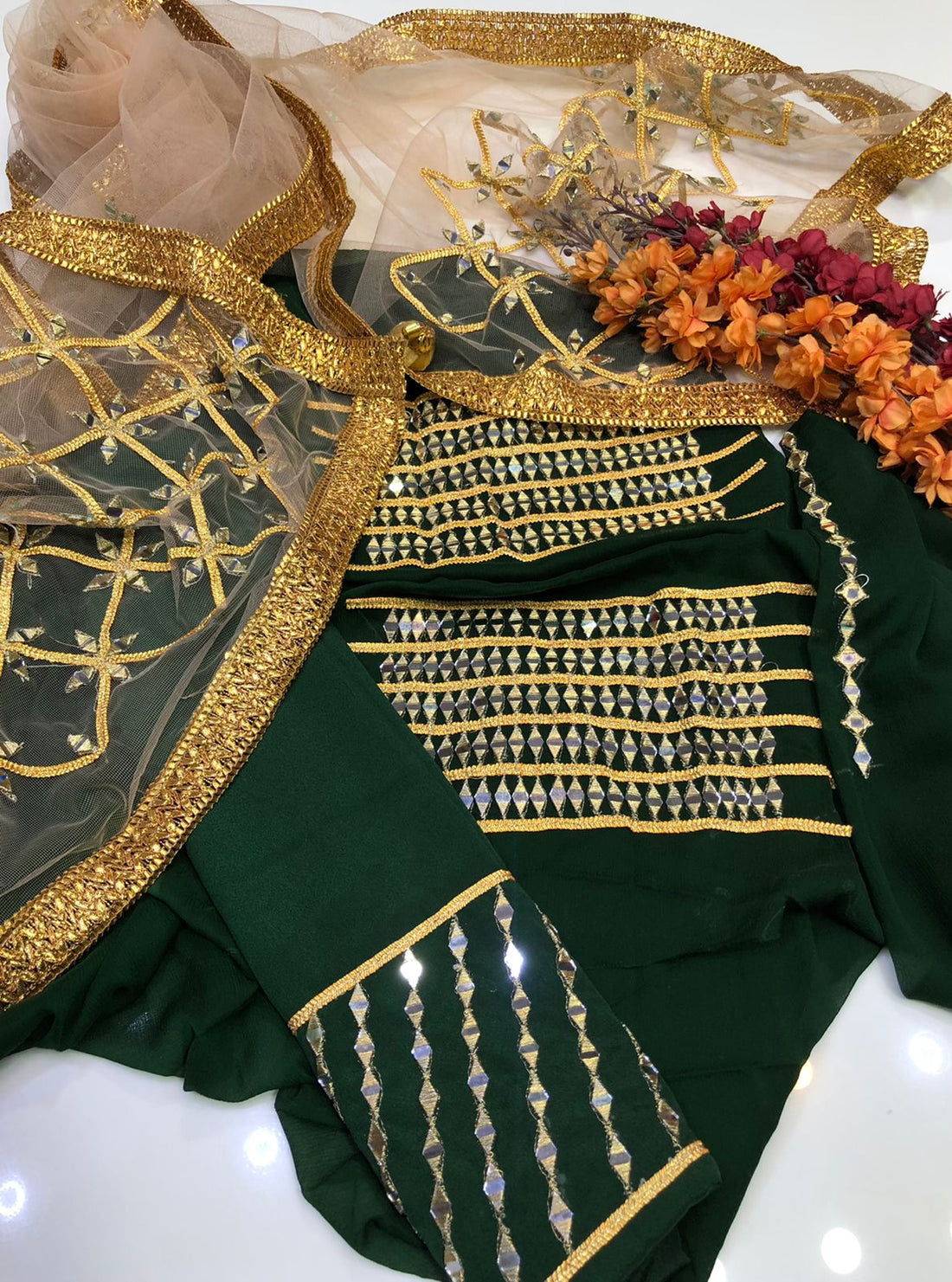 3-Piece Unstitched Wedding Dress – Chiffon Mirror Work Shirt, Kataan Trouser & Net Dupatta