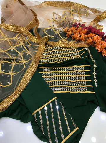 3-Piece Unstitched Wedding Dress – Chiffon Mirror Work Shirt, Kataan Trouser & Net Dupatta