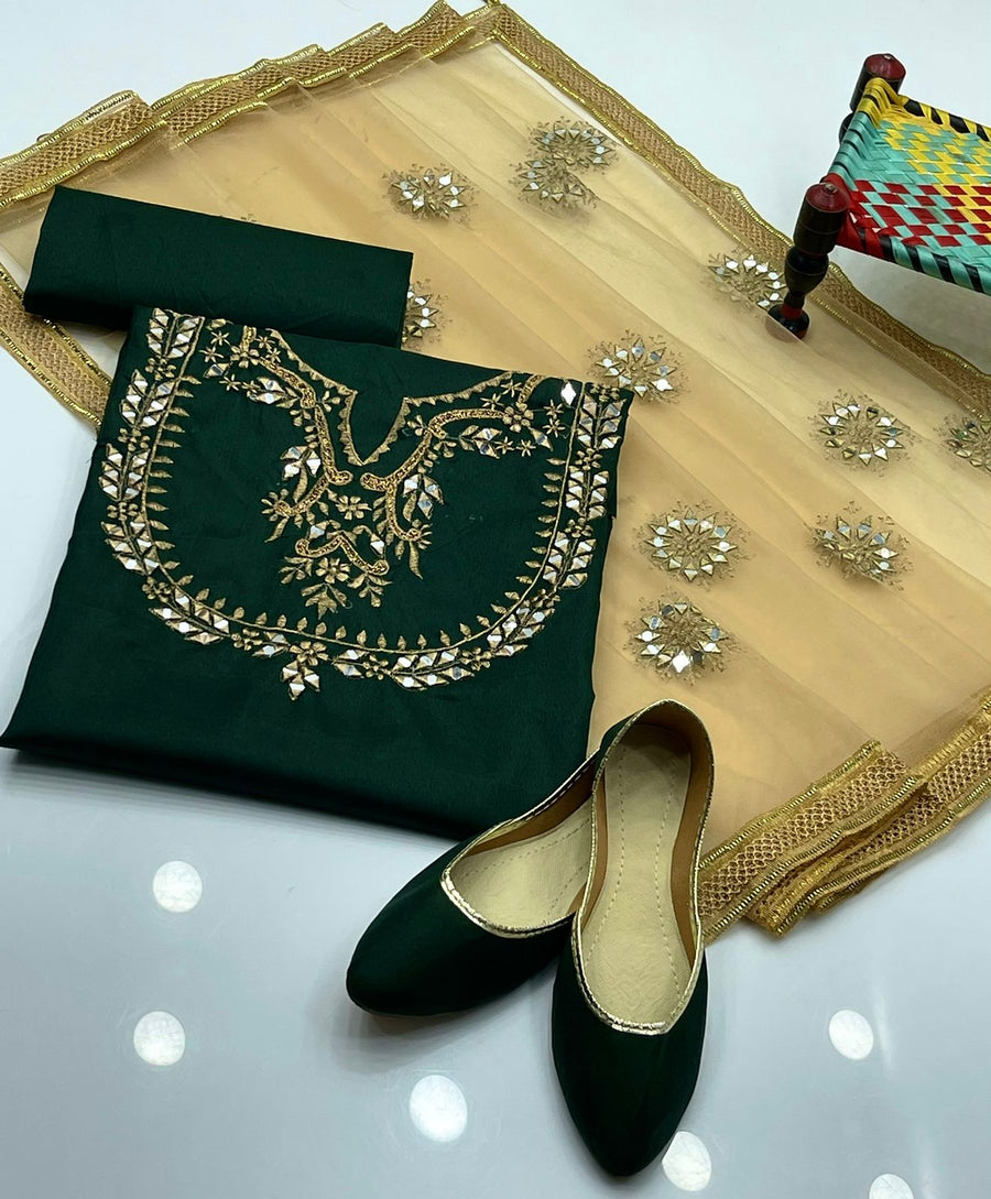 4-Piece Unstitched Fancy Dress – Kataan Mirror Work Suit with Net Dupatta & Khussa