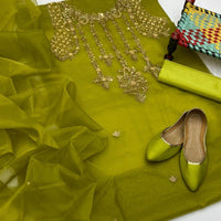 4-Piece Unstitched Organza Aari Work Dress – With Kunden Dupatta & Khussa