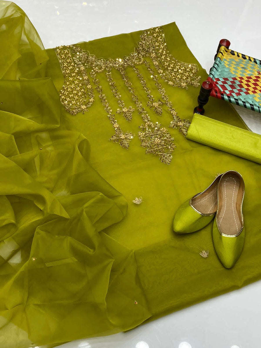 4-Piece Unstitched Organza Aari Work Dress – With Kunden Dupatta & Khussa
