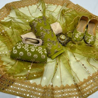 5-Piece Unstitched Party Suit – Chiffon Nag Jaal Shirt with Organza Dupatta, Khussa & Clutch