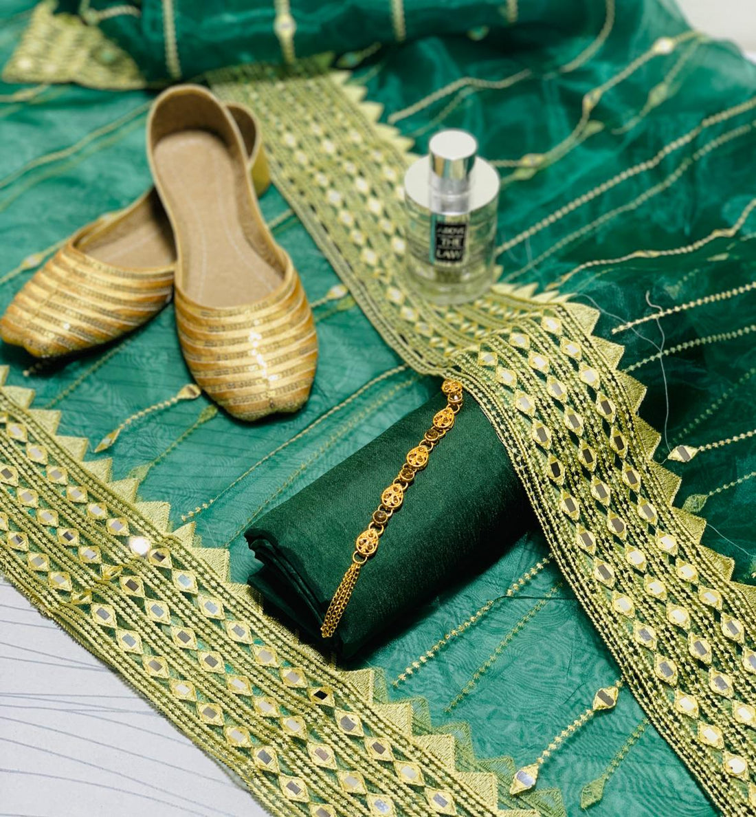 4-Piece Unstitched Kataan Silk Suit – With Organza Fancy Dupatta & Khussa