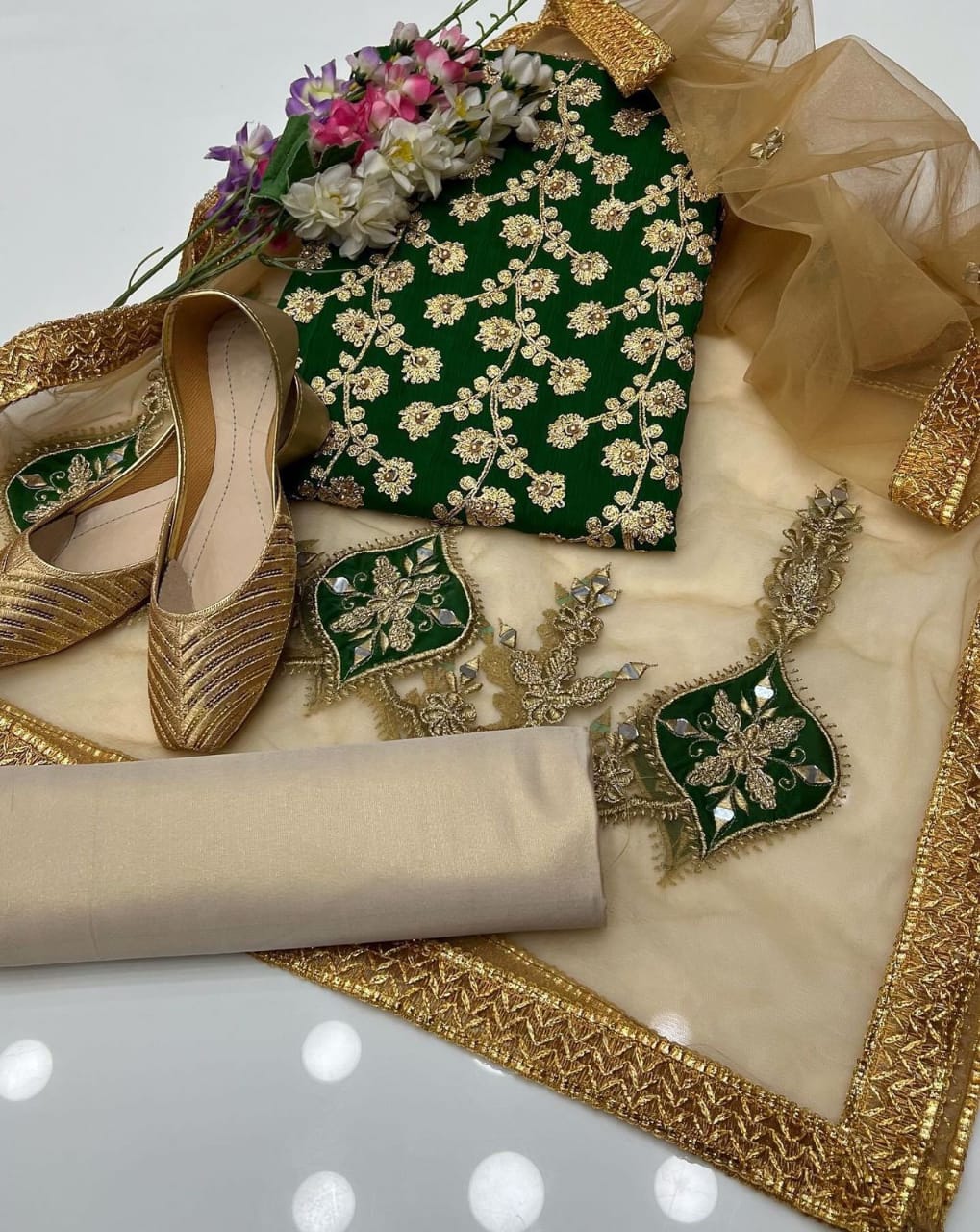 4-Piece Unstitched Wedding Suit – Chiffon Shirt, Masoori Trouser, Net Dupatta & Khussa