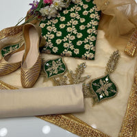 4-Piece Unstitched Wedding Suit – Chiffon Shirt, Masoori Trouser, Net Dupatta & Khussa