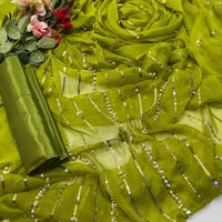 3-Piece Unstitched Fancy Suit – Chiffon Pearl Work with Silk Trouser