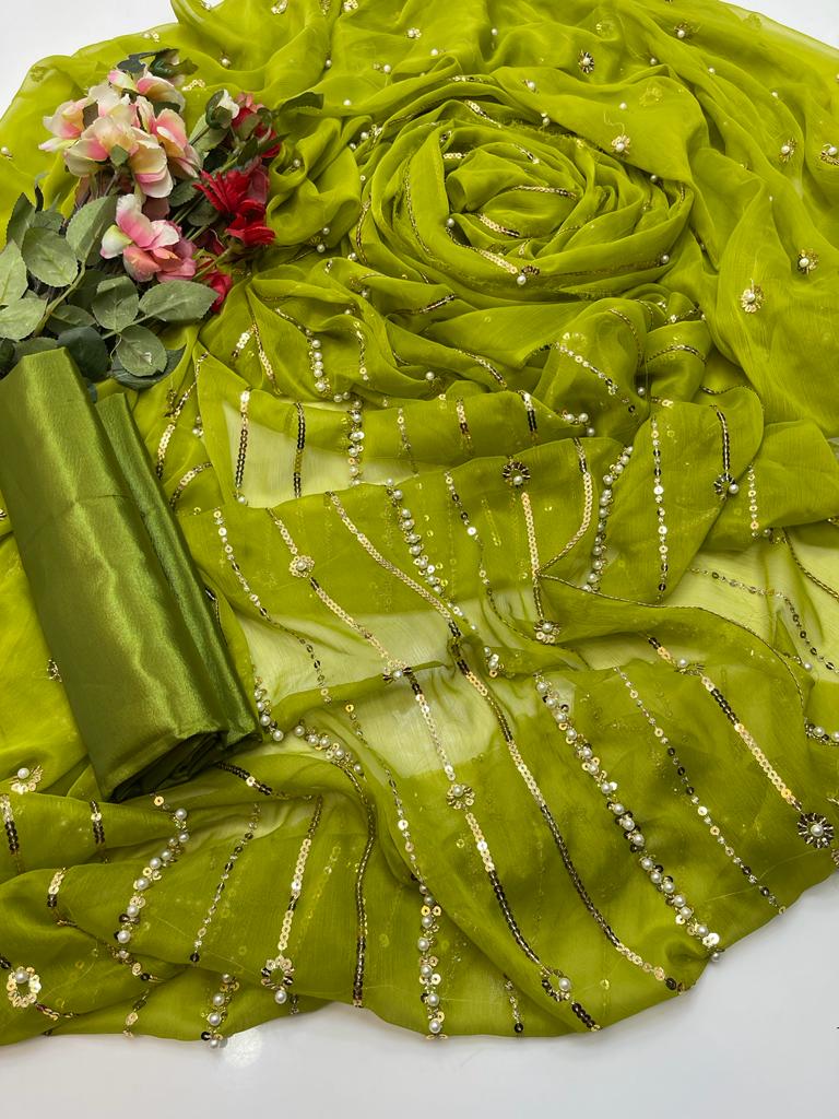 3-Piece Unstitched Fancy Suit – Chiffon Pearl Work with Silk Trouser