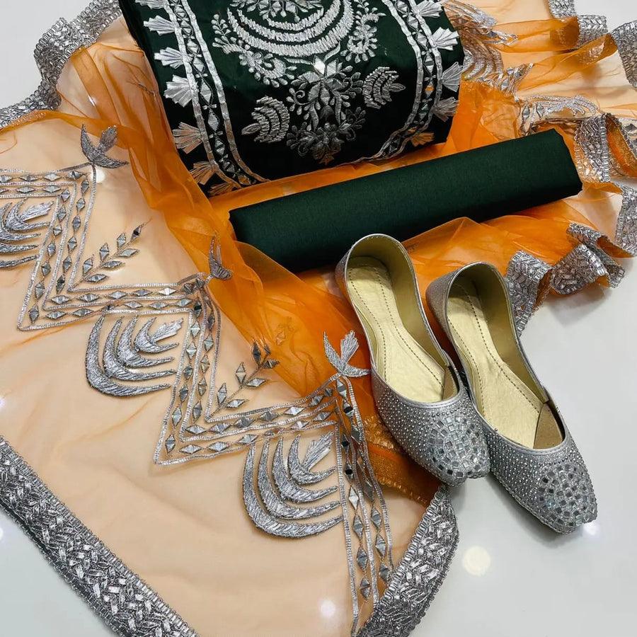 4-Piece Unstitched Kataan Mirror Work Dress – With Net Dupatta & Silver Khussa