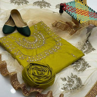 4-Piece Unstitched Kataan Mirror Work Suit – With Net Dupatta & Fancy Khussa