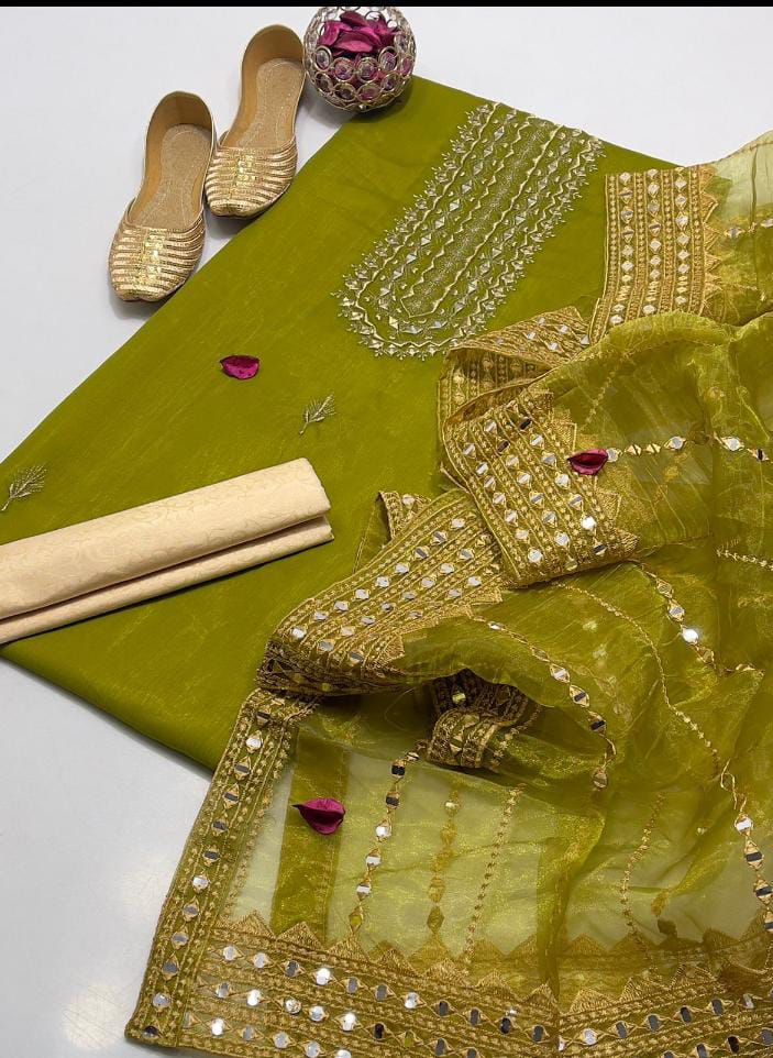 4-Piece Unstitched Dress for Girls – Kataan Shirt, Masoori Trouser, Organza Dupatta & Khussa
