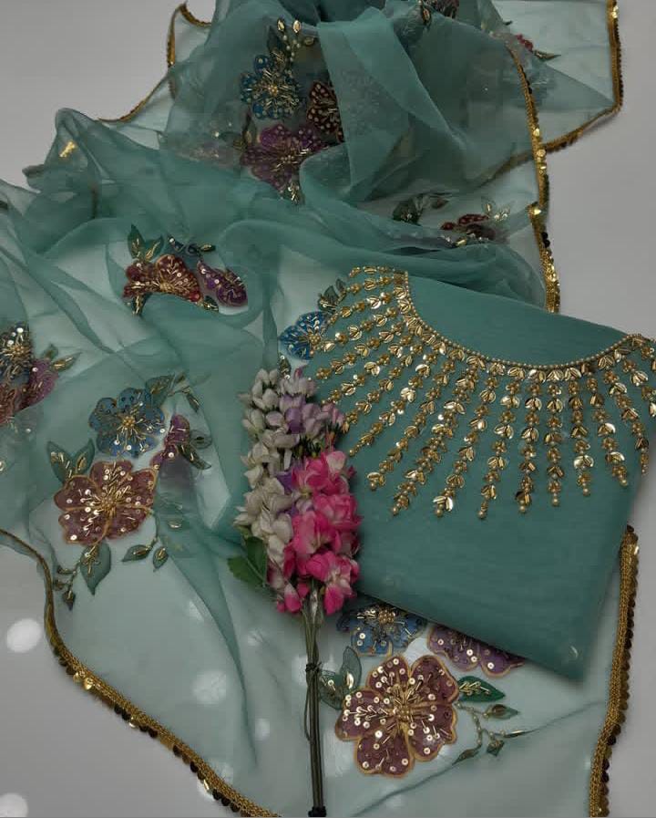 2-Piece Unstitched Organza Dress – Handwork Stones, Beads & Oil Paint Dupatta
